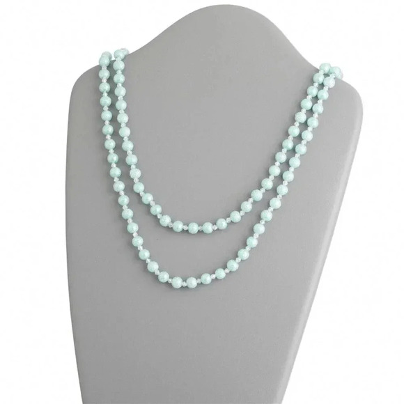 Retro Textured Bumpy Glass Pearl Beads Long Opera Length Necklace Aqua Blue - Picture 1 of 1